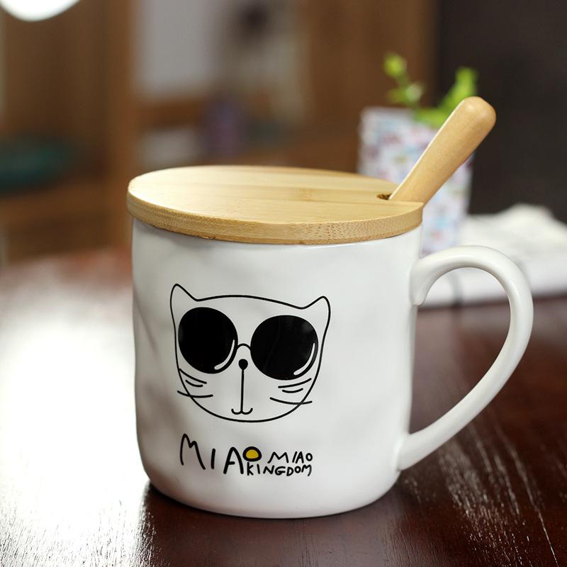 Cute cat ceramic cup Creative cartoon embossed mug Korean student cup with lid spoon