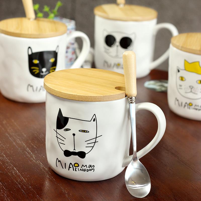 Cute cat ceramic cup Creative cartoon embossed mug Korean student cup with lid spoon