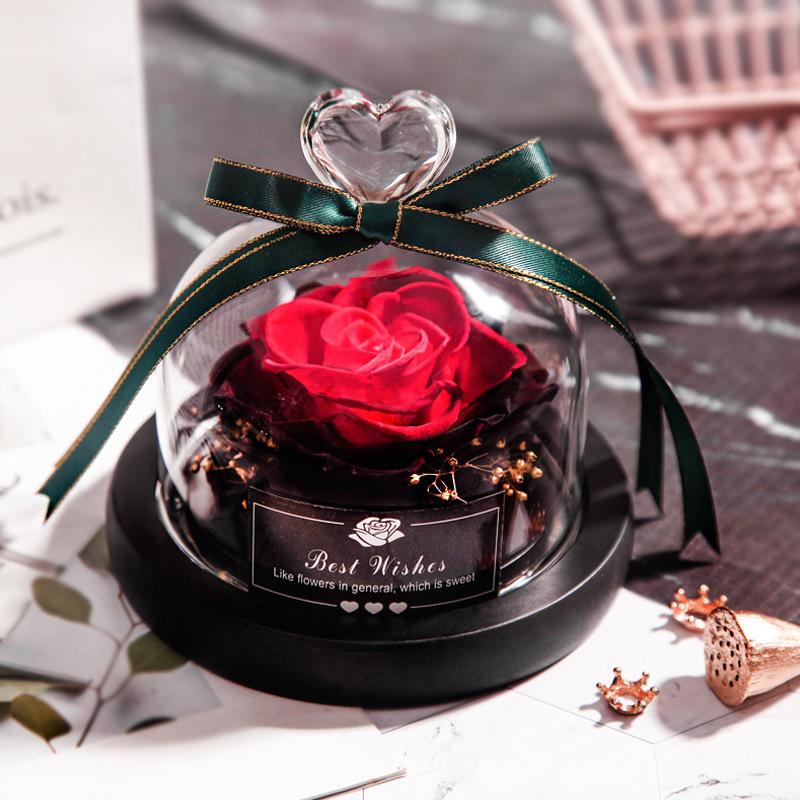 Eternal Flower Box Glass Cover for Christmas Valentine''s Day Gift Birthday Gift Red Preserved Roses