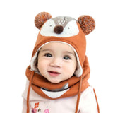 Autumn Winter Children Plus Velvet Hat Scarf Set Baby Lovely Cartoon Fox Print Knitted hat Kids Cap Collar Boy Girl Neck Warmer
