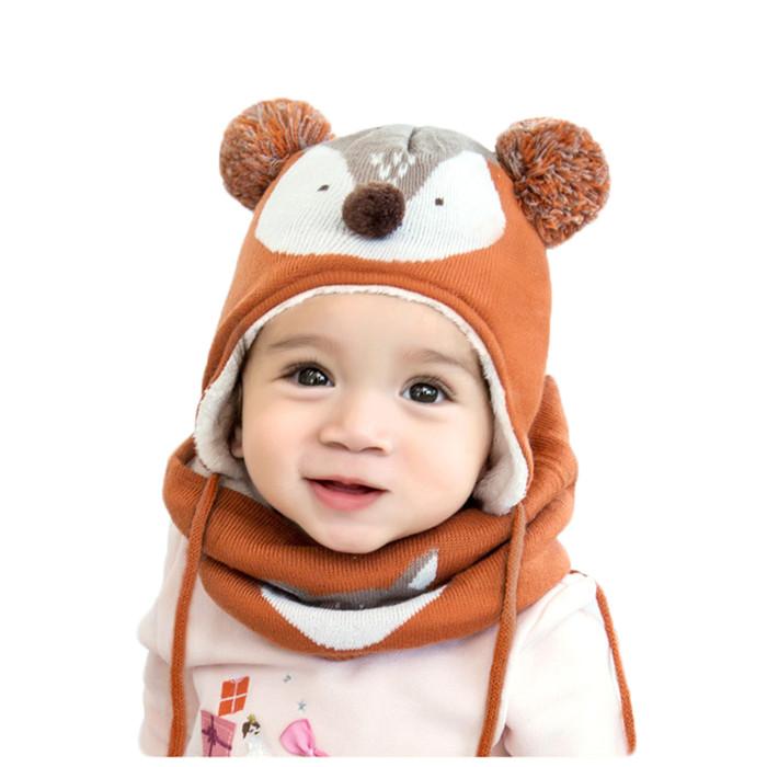 Autumn Winter Children Plus Velvet Hat Scarf Set Baby Lovely Cartoon Fox Print Knitted hat Kids Cap Collar Boy Girl Neck Warmer