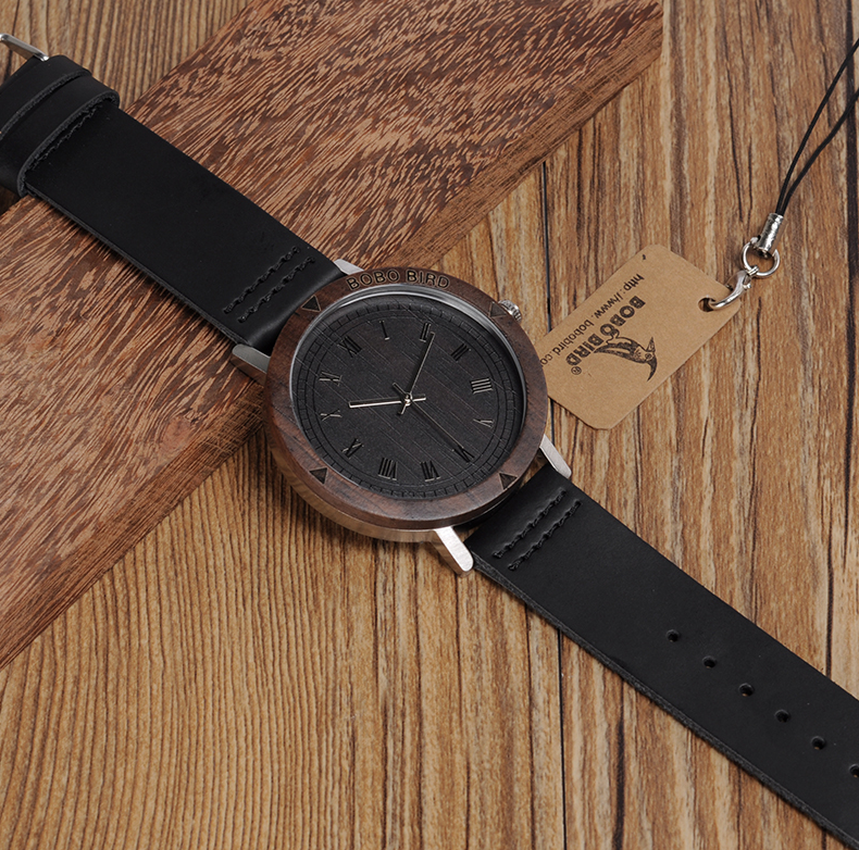 Bamboo wood leather belt men's watch
