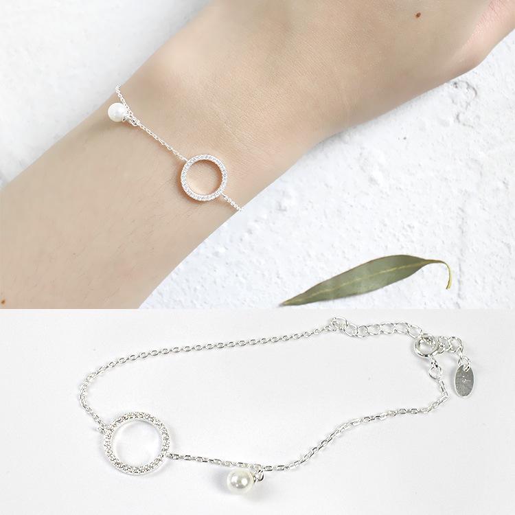 S925 Pulsera de perlas con anillo de diamantes de plata