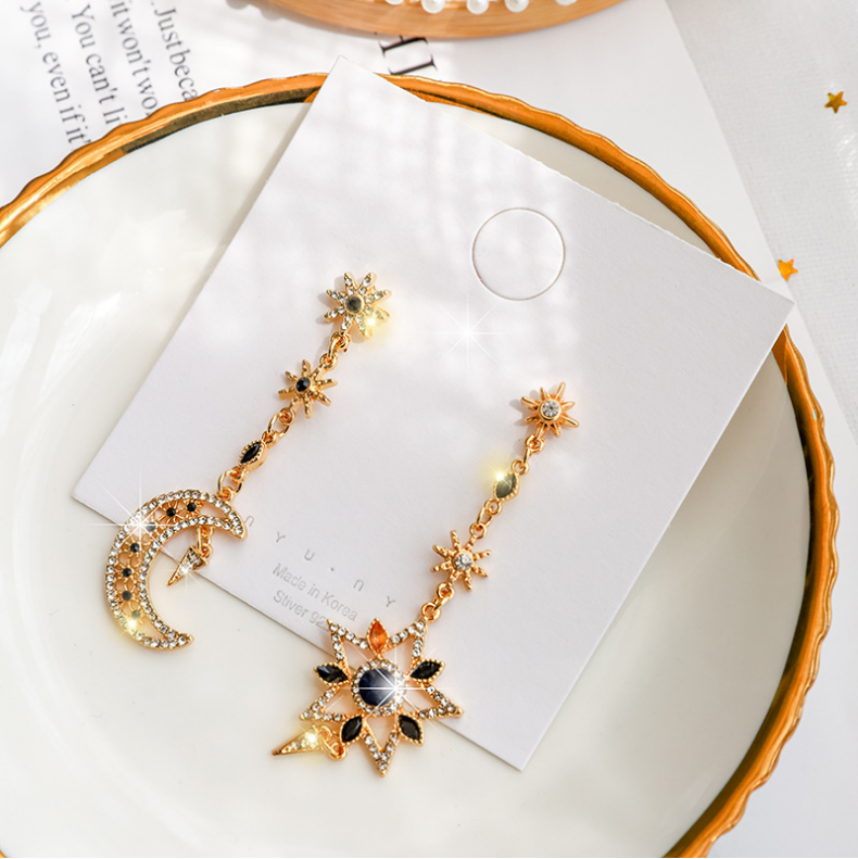 Star Moon Asymmetric S925 Silver Needle Drop Earrings