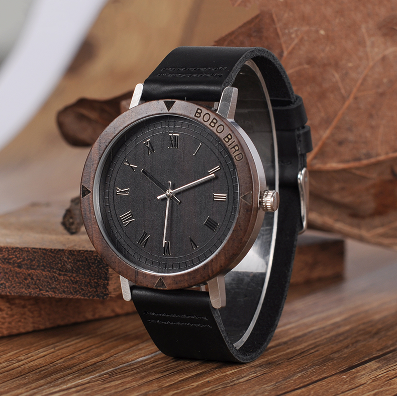 Bamboo wood leather belt men's watch