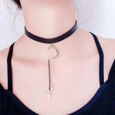 Creative ladies simple fashion moon pendant leather necklace New gemstone necklace clavicle chain wholesale