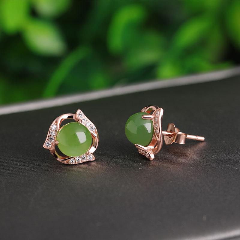 Ethnic style green jade earrings
