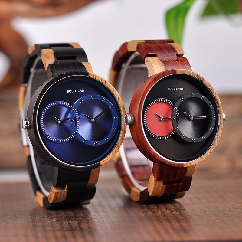 Thin Men Watch Wood Watches 2 Time Zone Display