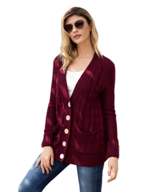 Europe and America coat twisted knit sweater button long sleeve pocket women's cardigan
