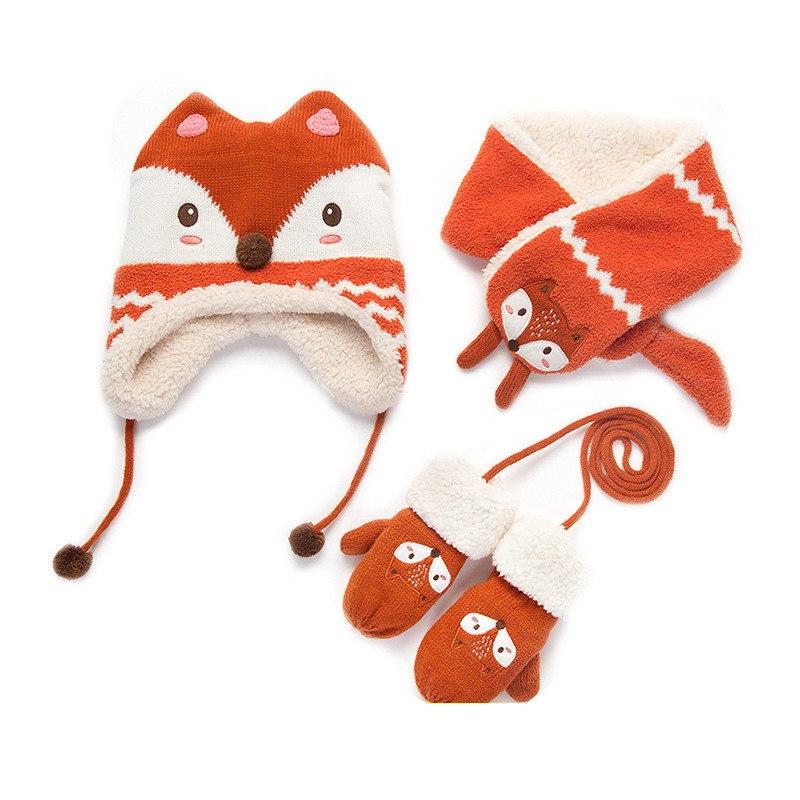 Autumn Winter Children Plus Velvet Hat Scarf Set Baby Lovely Cartoon Fox Print Knitted hat Kids Cap Collar Boy Girl Neck Warmer