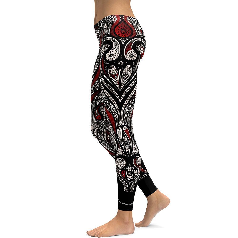 Red Rose+Black Mandala Weave Yoga/Workout Leggings