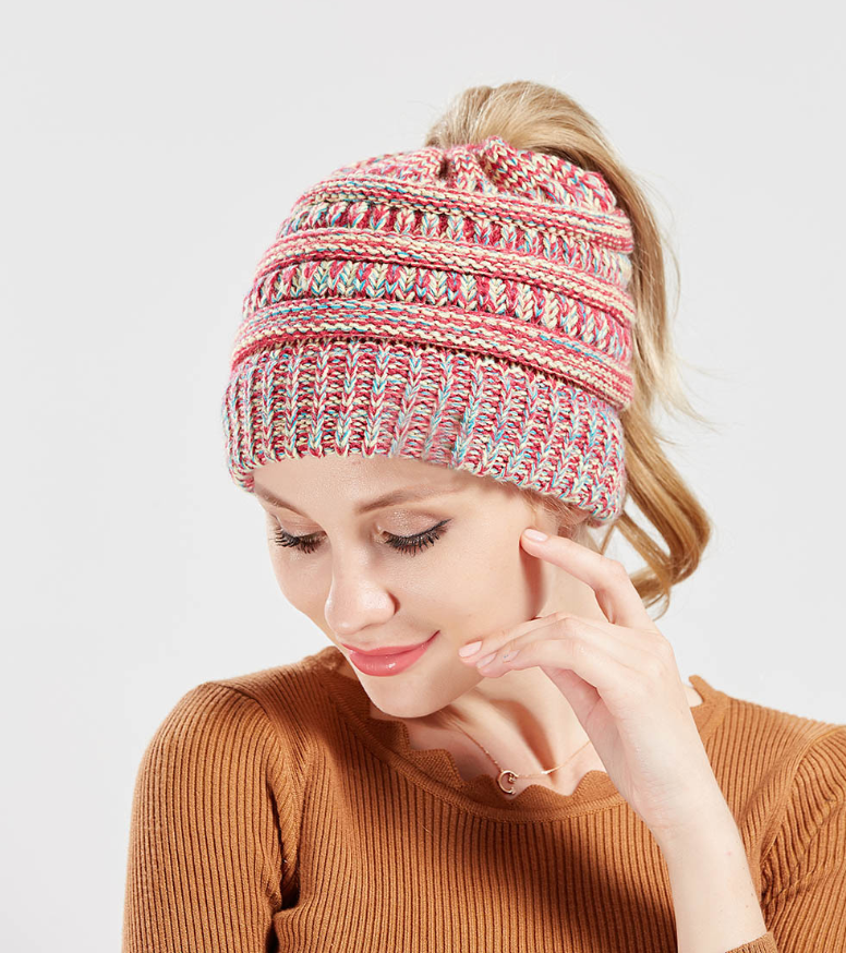 Mixed color knitted wool hat ladies do not label CC horsetail hat Europe and America