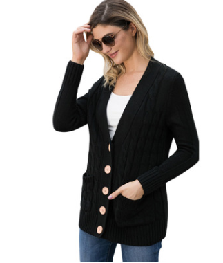 Europe and America coat twisted knit sweater button long sleeve pocket women's cardigan