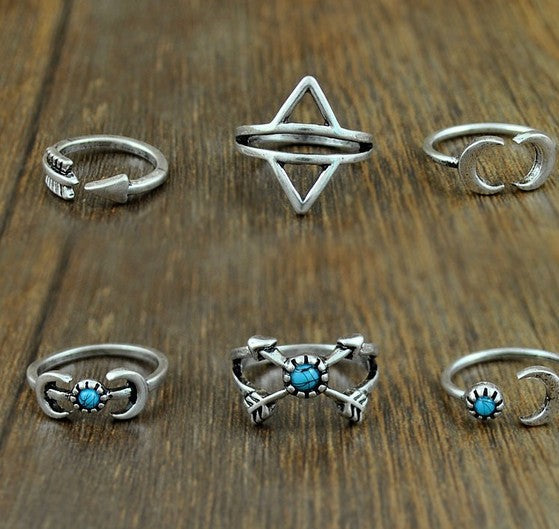 Anillo Conjunto Turquesa Luna Flecha Elefante