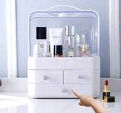 Caja de almacenamiento de maquillaje con cubierta de polvo de doble puerta