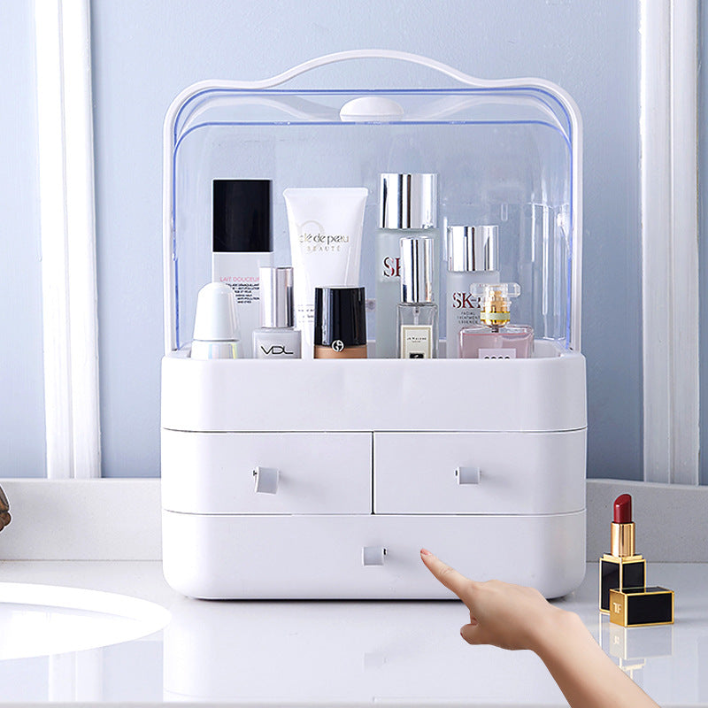 Caja de almacenamiento de maquillaje con cubierta de polvo de doble puerta