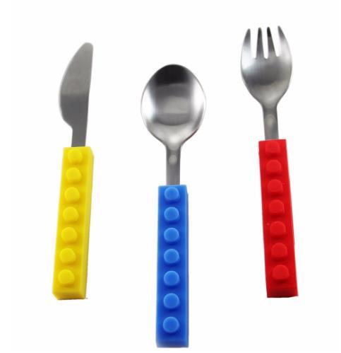 3PCS Creative bricks silicone stainless steel Portable Travel Kids Adult Cutlery Fork Picnic Set Gift for CHild Dinnerware