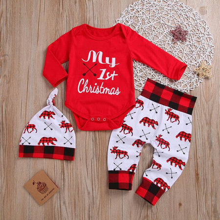 Kids Baby Girl Boy My First Christmas Letter Romper Pant Hat Outfits Xmas Set Autumn Clothing