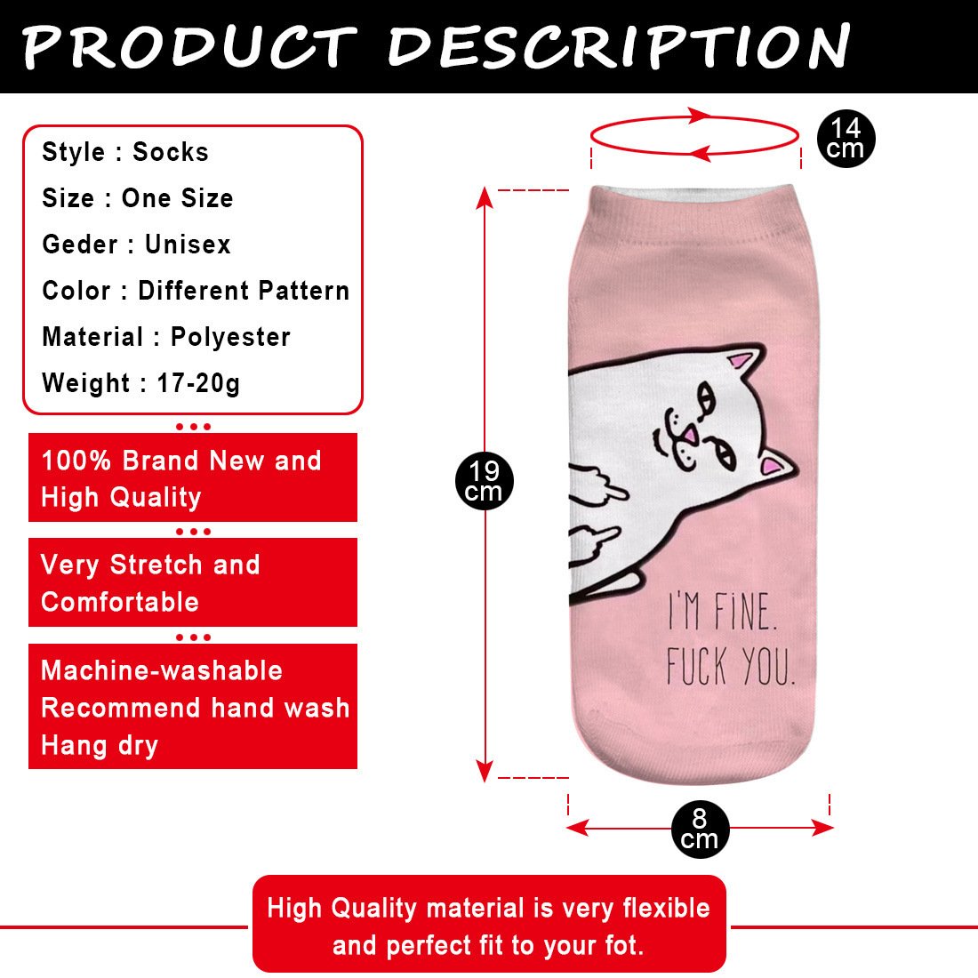 Funny Kawaii Elastic Pink Socks