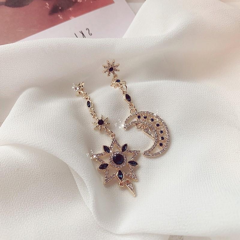 Star Moon Asymmetric S925 Silver Needle Drop Earrings