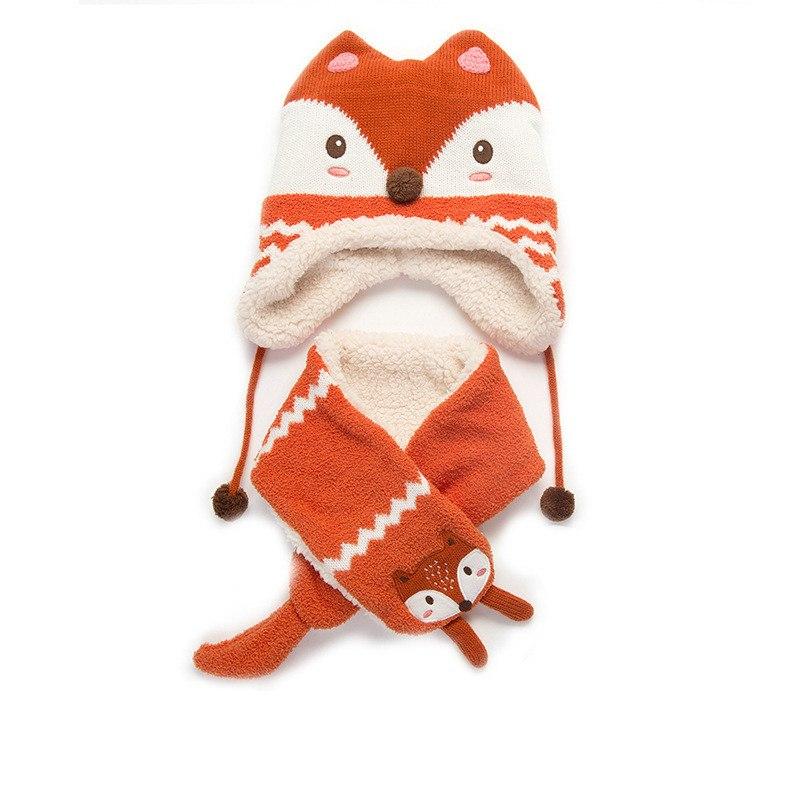 Autumn Winter Children Plus Velvet Hat Scarf Set Baby Lovely Cartoon Fox Print Knitted hat Kids Cap Collar Boy Girl Neck Warmer