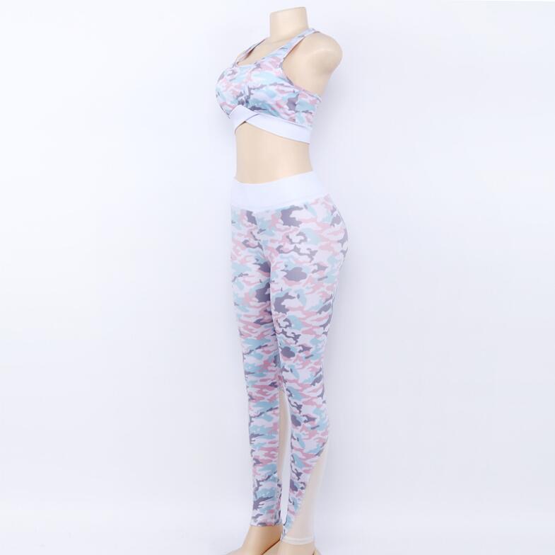 Camouflage print suit 2 Piece Set sexy mesh bra and fitness Leggings