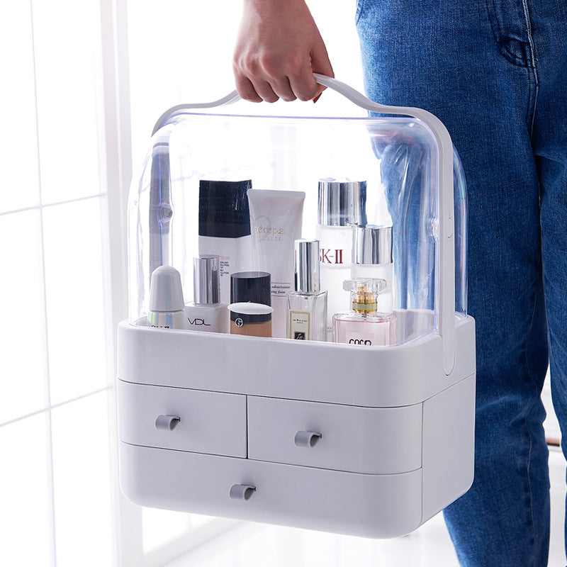 Caja de almacenamiento de maquillaje con cubierta de polvo de doble puerta