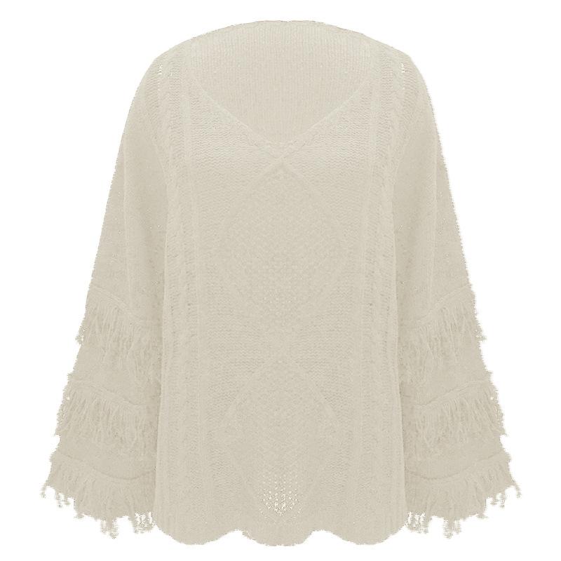 Europe and the United States new sweater round neck long-sleeved tassel solid color sweater shirt women