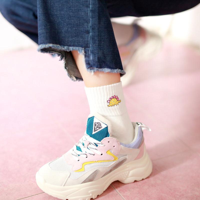 Cotton embroidered dinosaur ladies tube socks