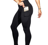 Mobile phone pocket leggings female solid color high elastic yoga hip high waist yoga pants