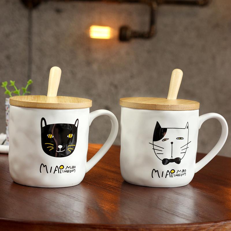 Cute cat ceramic cup Creative cartoon embossed mug Korean student cup with lid spoon