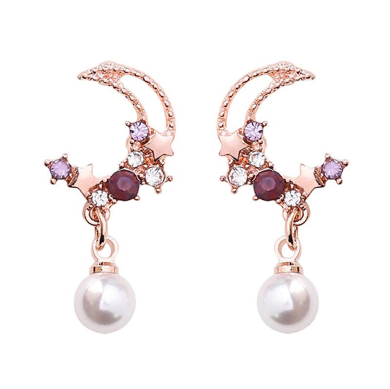 925 silver needle star moon pearl pendant earings