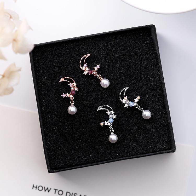 925 silver needle star moon pearl pendant earings