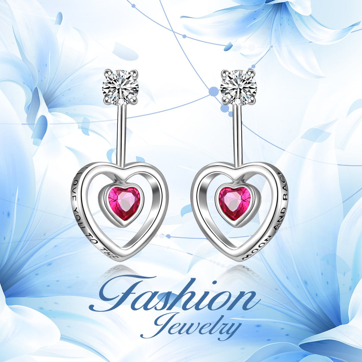 925 Silver Rose Red Heart Shape Earrings