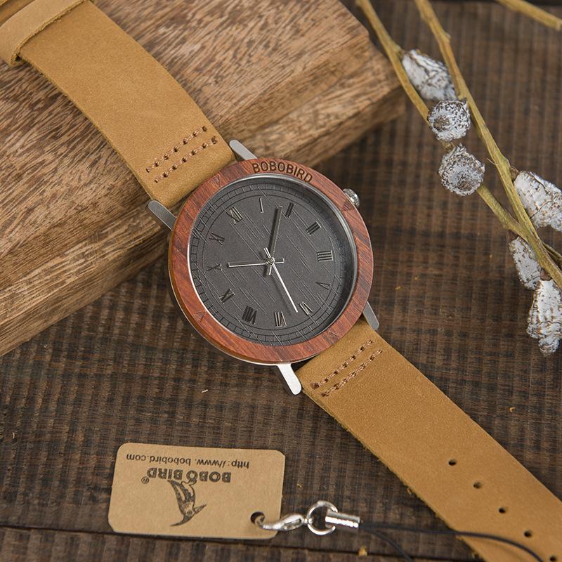 Bamboo wood leather belt men's watch