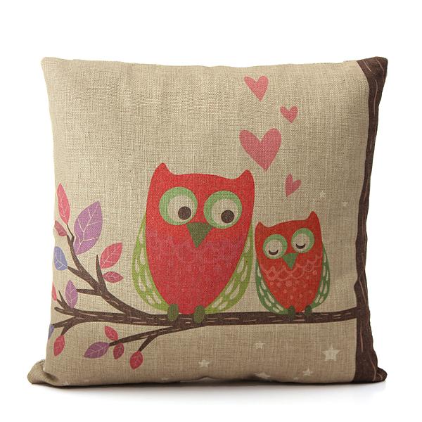 Vintage Linen Cotton Owl Cushion Cover Sofa Throw Pillow Case